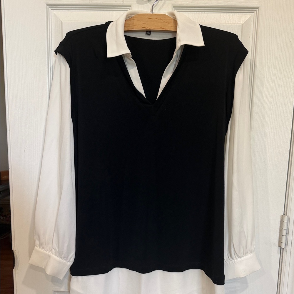 Adrianna Papell Black V‑Neck Layered Button‑Down Top with White Collar
